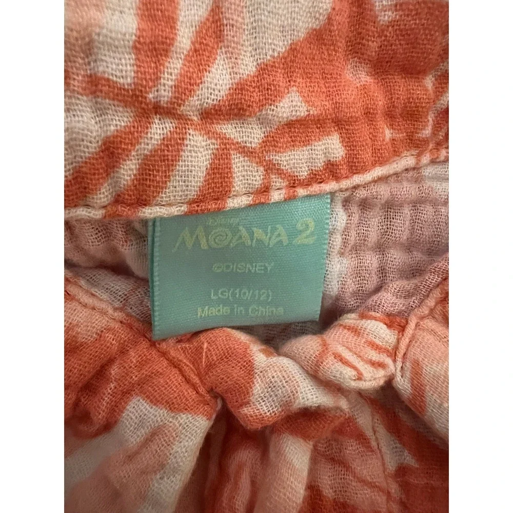 Disney Moana 2 Girls Orange‎ Tropical Floral Cotton Gauze Button Shirt L 10/12